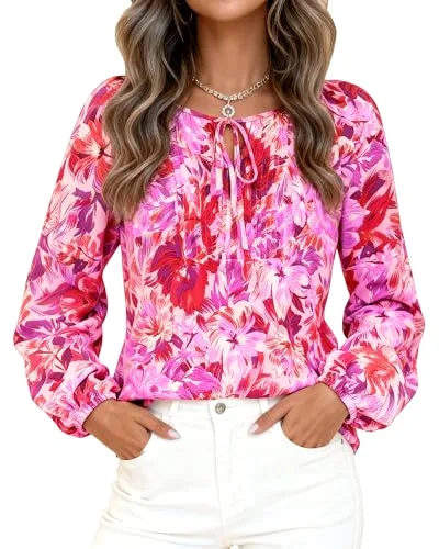 KIRUNDO Floral Long Sleeve Drawstring Blouse in Rose Red