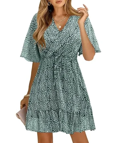 KIRUNDO Floral Ruffle V-Neck Mini Dress in Dark Green/White