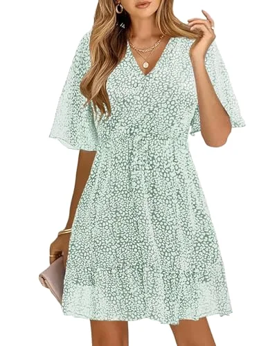 KIRUNDO Floral Ruffle V-Neck Mini Dress in Green/White