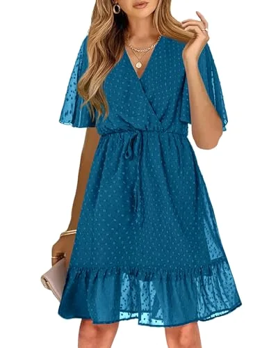 KIRUNDO Floral Ruffle V-Neck Mini Dress in Lake Blue