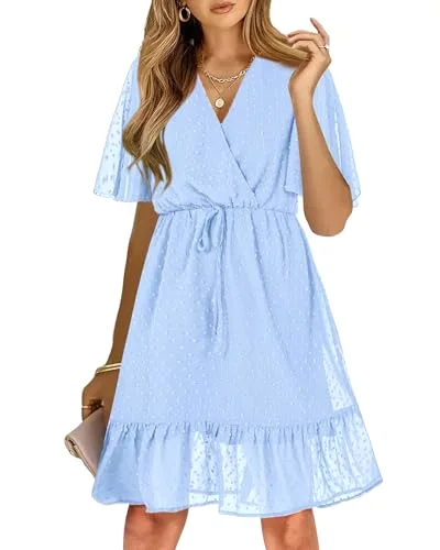 KIRUNDO Floral Ruffle V-Neck Mini Dress in Light Blue