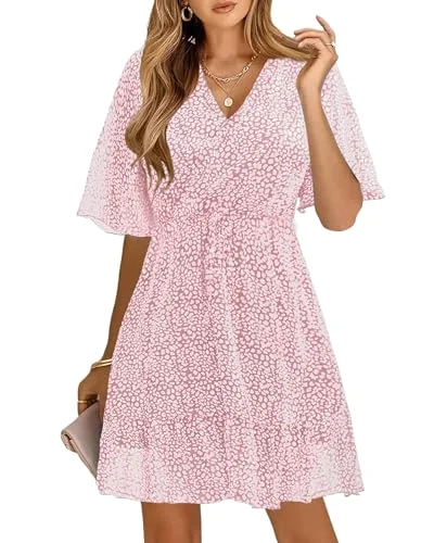 KIRUNDO Floral Ruffle V-Neck Mini Dress in Pink