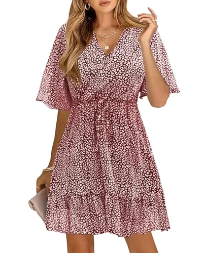 KIRUNDO Floral Ruffle V-Neck Mini Dress in Red/White