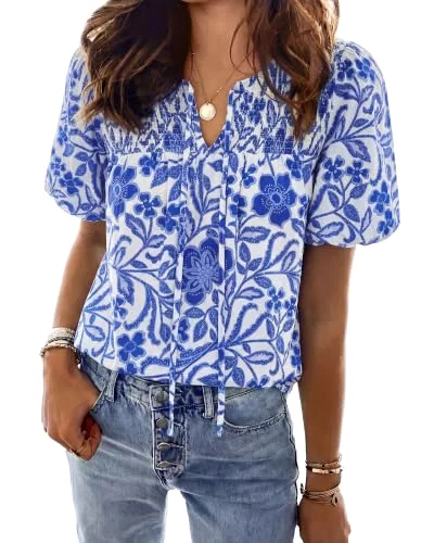 KIRUNDO Floral Short Sleeve Boho Blouse in White Blue Flower