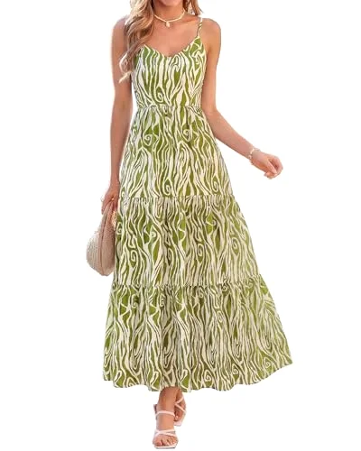 KIRUNDO Floral Spaghetti Strap Tiered Maxi Dress in Army Green