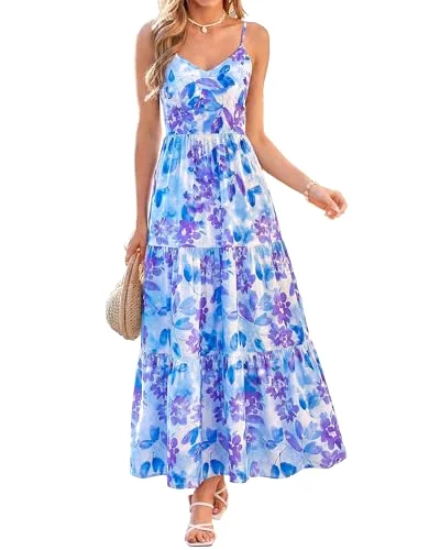 KIRUNDO Floral Spaghetti Strap Tiered Maxi Dress in Blue