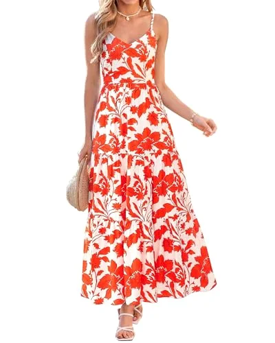 KIRUNDO Floral Spaghetti Strap Tiered Maxi Dress in White Orange Flower