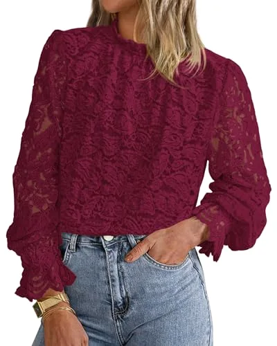 KIRUNDO Lace Long Sleeve Blouse in Burgundy