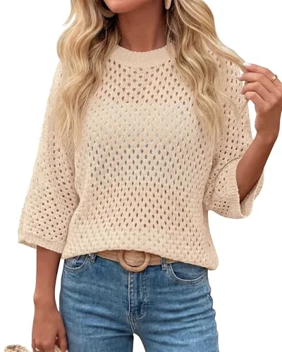 KIRUNDO Open Knit Crochet Top in Beige