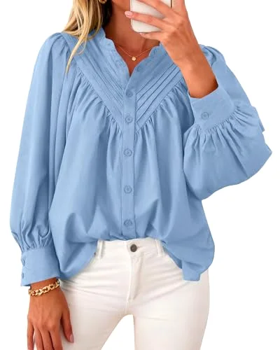KIRUNDO Pleated Button-Down Long Sleeve Shirt in Blue