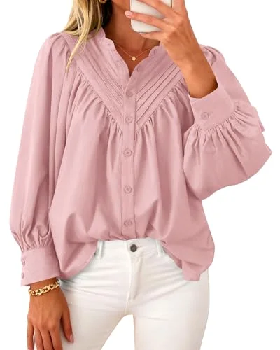 KIRUNDO Pleated Button-Down Long Sleeve Shirt in Pink