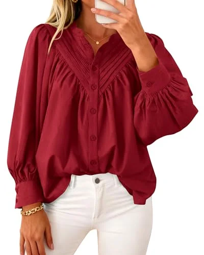 KIRUNDO Pleated Button-Down Long Sleeve Shirt in Red