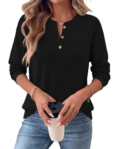 KIRUNDO Ribbed Henley Tunic Top in Black