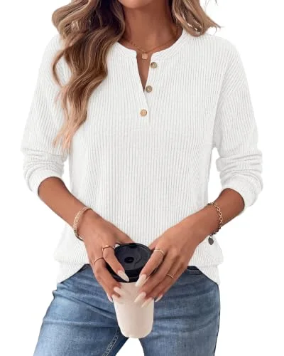 KIRUNDO Ribbed Henley Tunic Top in White