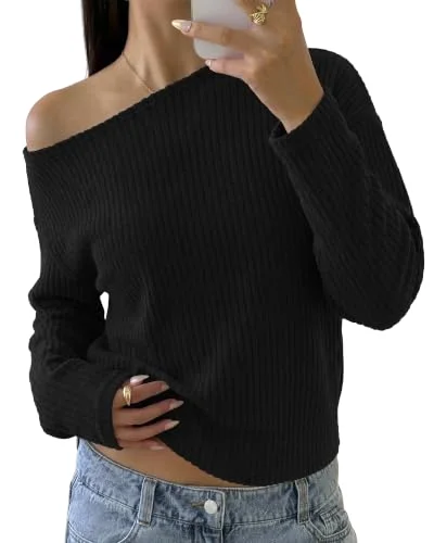 KIRUNDO Ribbed Off-Shoulder Long Sleeve Sweater in Black