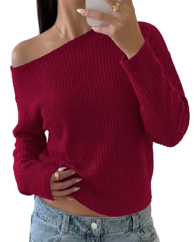 KIRUNDO Ribbed Off-Shoulder Long Sleeve Sweater in Burgundy
