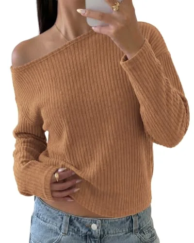 KIRUNDO Ribbed Off-Shoulder Long Sleeve Sweater in Khaki