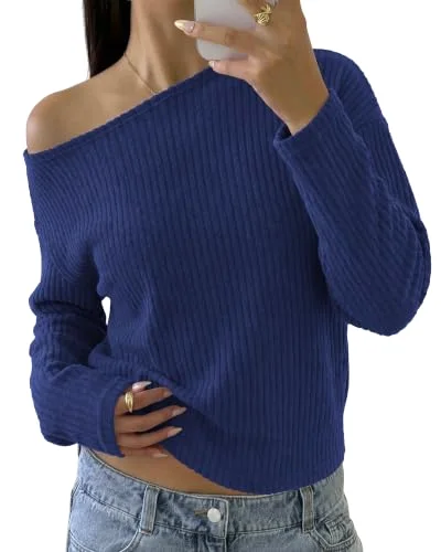 KIRUNDO Ribbed Off-Shoulder Long Sleeve Sweater in Navy Blue