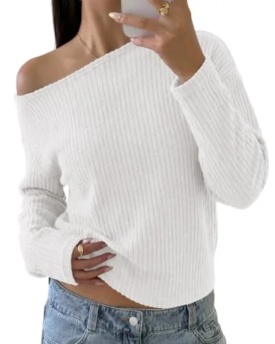KIRUNDO Ribbed Off-Shoulder Long Sleeve Sweater in White