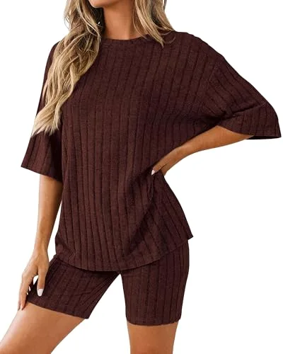 KIRUNDO Ribbed Shorts Set in Brown
