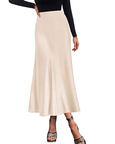 KIRUNDO Satin A-Line High-Waist Skirt in Beige