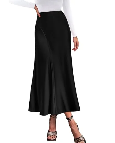 KIRUNDO Satin A-Line High-Waist Skirt in Black