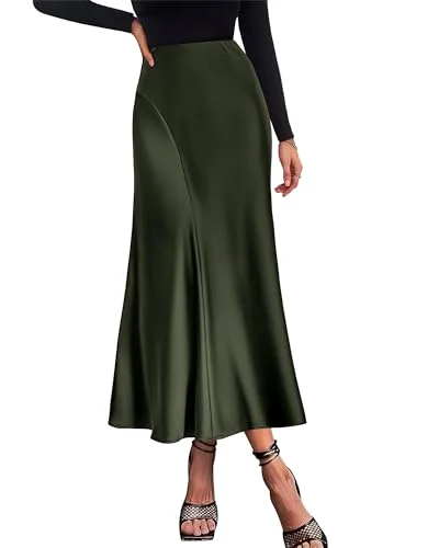 KIRUNDO Satin A-Line High-Waist Skirt in Dark Army Green