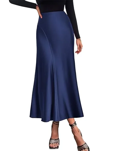 KIRUNDO Satin A-Line High-Waist Skirt in Navy