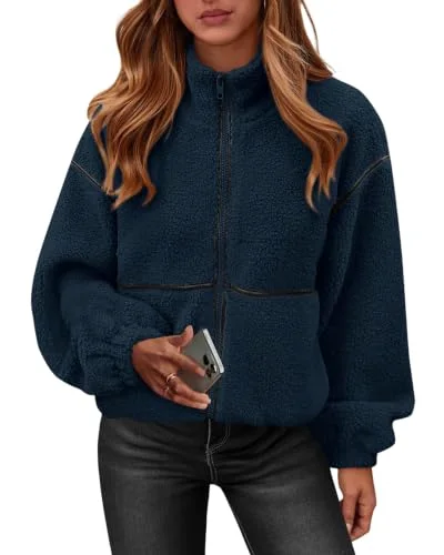 KIRUNDO Sherpa Fleece Zip-Up Jacket in Navy Blue