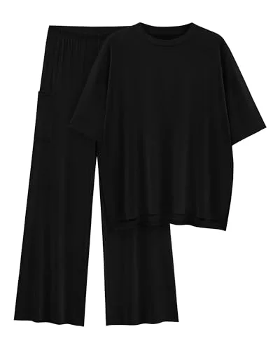 KIRUNDO Short Sleeve Wide Leg Lounge Set in Black
