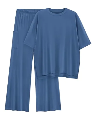 KIRUNDO Short Sleeve Wide Leg Lounge Set in Blue