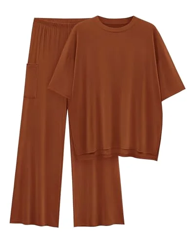 KIRUNDO Short Sleeve Wide Leg Lounge Set in Brown