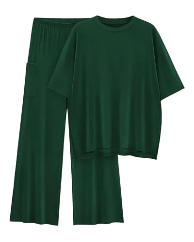 KIRUNDO Short Sleeve Wide Leg Lounge Set in Dark Green