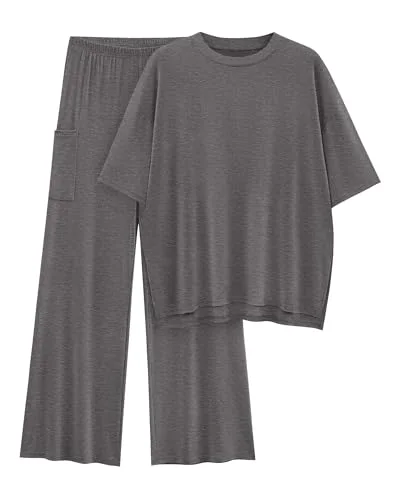 KIRUNDO Short Sleeve Wide Leg Lounge Set in Dark Grey