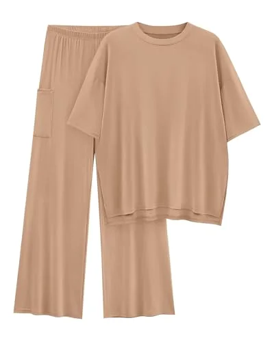 KIRUNDO Short Sleeve Wide Leg Lounge Set in Khaki