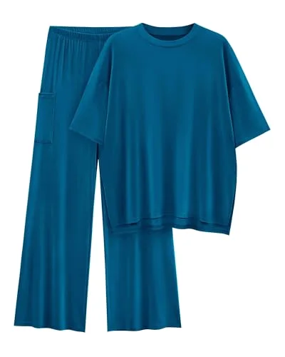 KIRUNDO Short Sleeve Wide Leg Lounge Set in Lake Blue