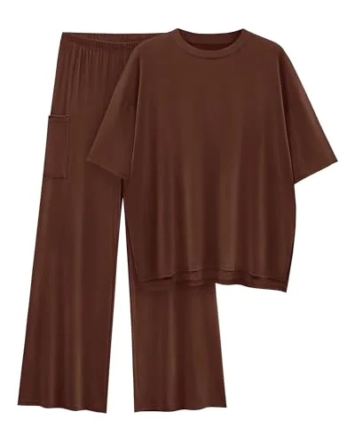 KIRUNDO Short Sleeve Wide Leg Lounge Set in Light Coffee