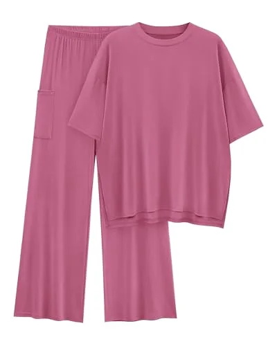KIRUNDO Short Sleeve Wide Leg Lounge Set in Pink