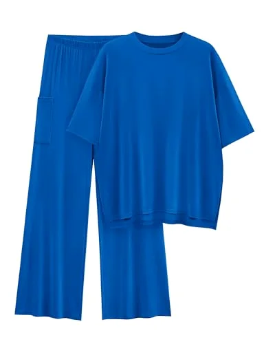KIRUNDO Short Sleeve Wide Leg Lounge Set in Royal Blue