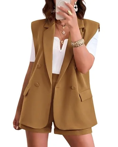 KIRUNDO Sleeveless Blazer and Shorts Set in Brown Yellow