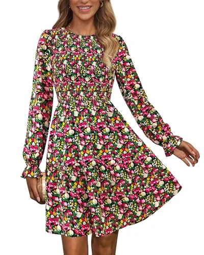 KIRUNDO Smocked Floral Ruffle Mini Dress in Black Red Flower