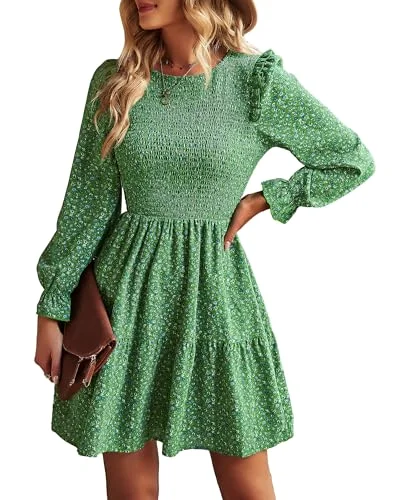 KIRUNDO Smocked Floral Ruffle Mini Dress in Green