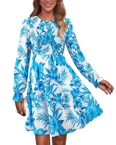 KIRUNDO Smocked Floral Ruffle Mini Dress in White Blue Flower