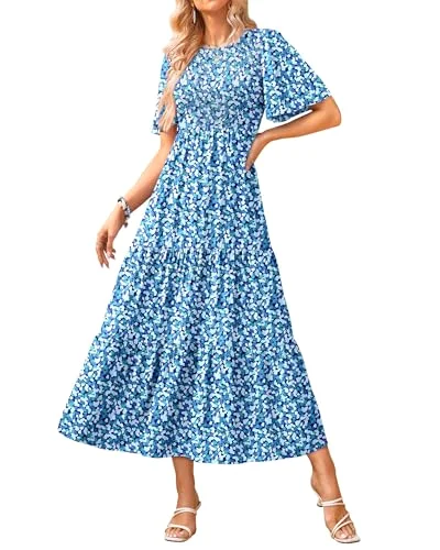 KIRUNDO Smocked Short Sleeve Flowy Midi Dress in Blue