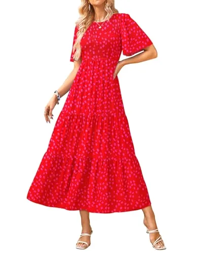KIRUNDO Smocked Short Sleeve Flowy Midi Dress in Red