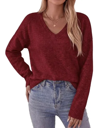 KIRUNDO V-Neck Long Sleeve Sweater in Burgundy