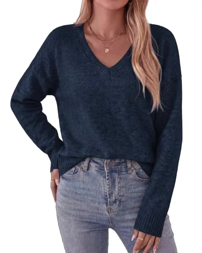 KIRUNDO V-Neck Long Sleeve Sweater in Navy Blue