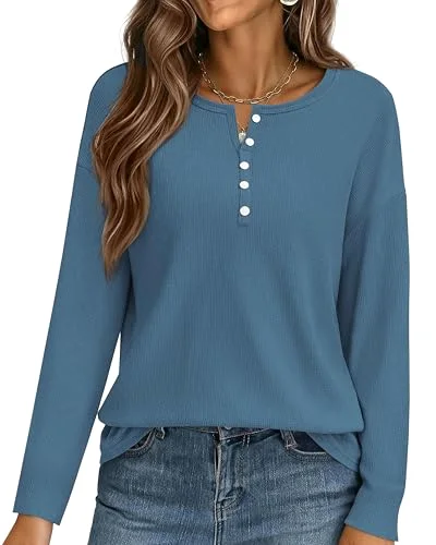 KIRUNDO Waffle Knit Oversized Henley Shirt in Grey Blue