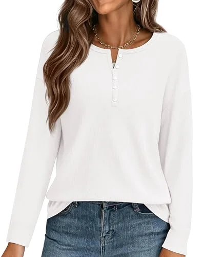 KIRUNDO Waffle Knit Oversized Henley Shirt in White