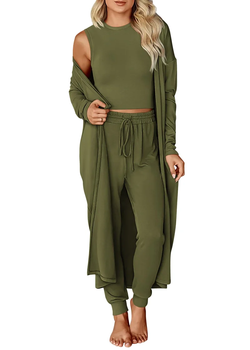 KIRUNDO 3-Piece Cardigan Lounge Set in Army Green